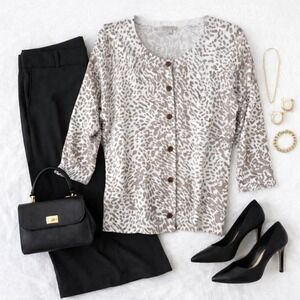 Talbots 3/4‎ Sleeve Button Up Cardigan Medium Animal Print Neutral Office Chic